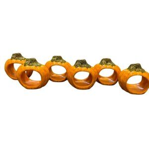 Set Of 6 Pumpkin Shaped Ceramic Napkin Rings Orange & Green Autumn Table Decor